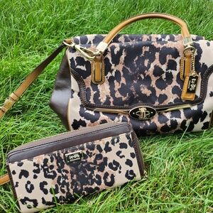 Coach Brown and Black Animal Print Satchel and Matching Wallet Set
